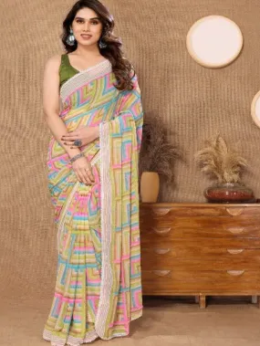 1 Min Multicolour Geometry Print Stitched Readymade Saree