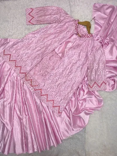 1 Min Pink Satin Silk Stitched Readymade Saree With Jacket