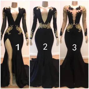 2024 Black Mermaid Long Sleeves V Neck Gold Appliques Prom Dresses