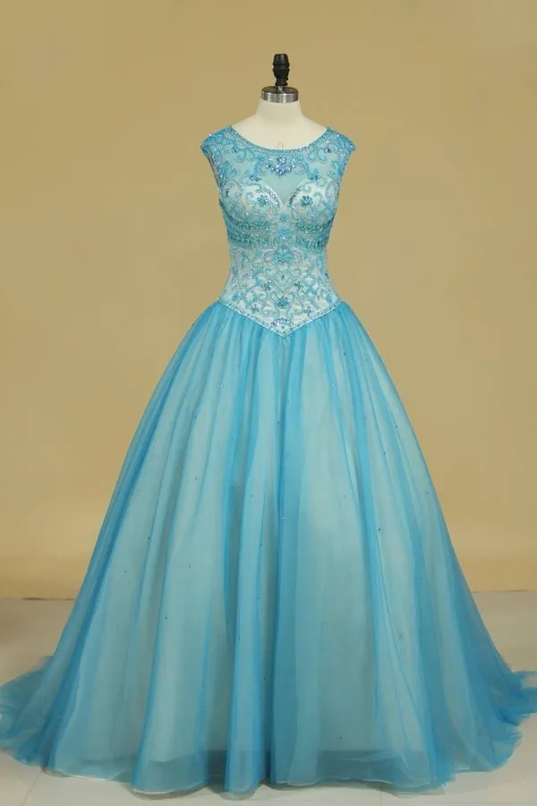 2024 New Arrival Bateau Beaded Bodice Ball Gown Quinceanera Dresses Tulle Court PZKHRE1H