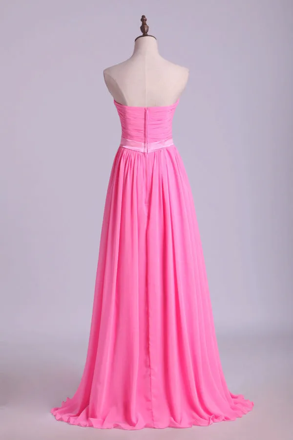 2024 Prom Dresses A Line Floor Length Sweetheart Chiffon Belt Discount PGSKMST9