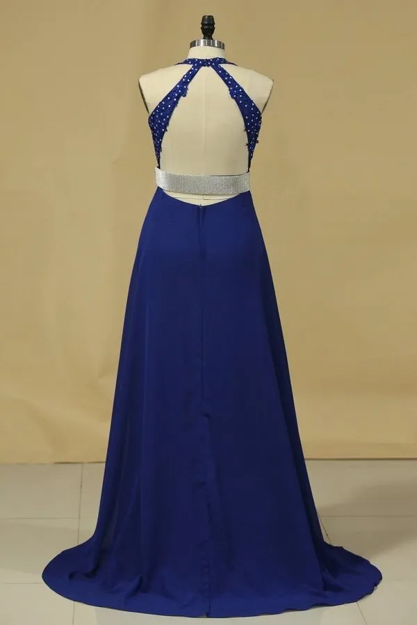 2024 Prom Dresses A Line Halter Chiffon With Sash P4Z5B9TE