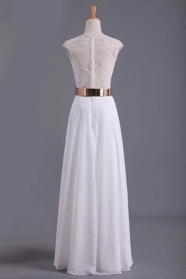 2024 White V Neck Beaded Bodice Prom Dresses A Line Chiffon With Sash PLG3K95N