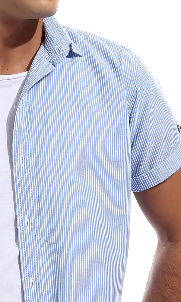 48397 Striped Casual Short Sleeves Buttoned Shirt - Light Blue & White