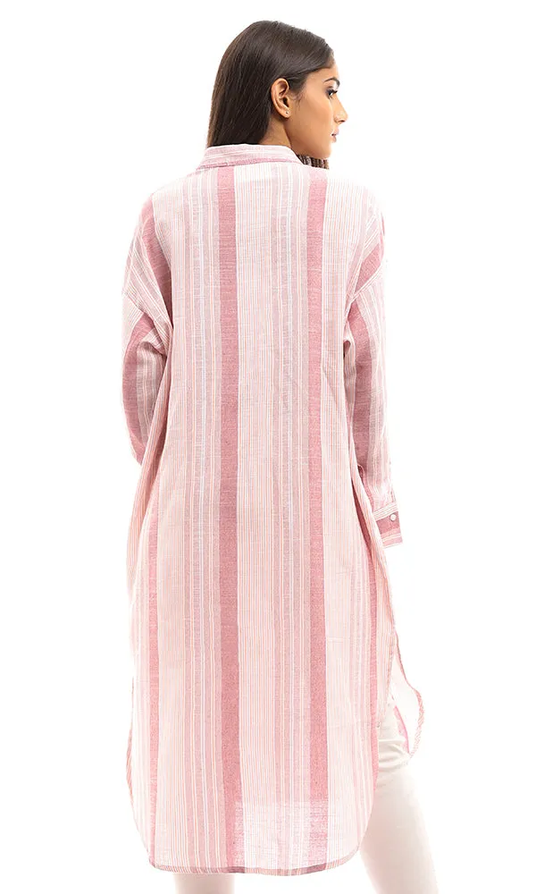 97008 Front Hidden Buttons Striped Long Shirt - Pink