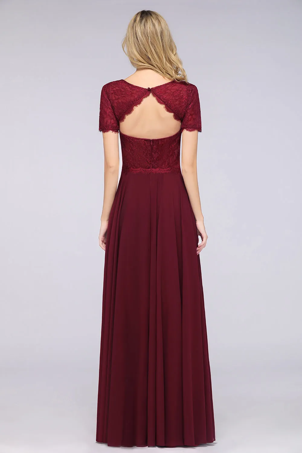 A-Line Chiffon Lace Round-Neck Long Bridesmaid Dress with Sleeves