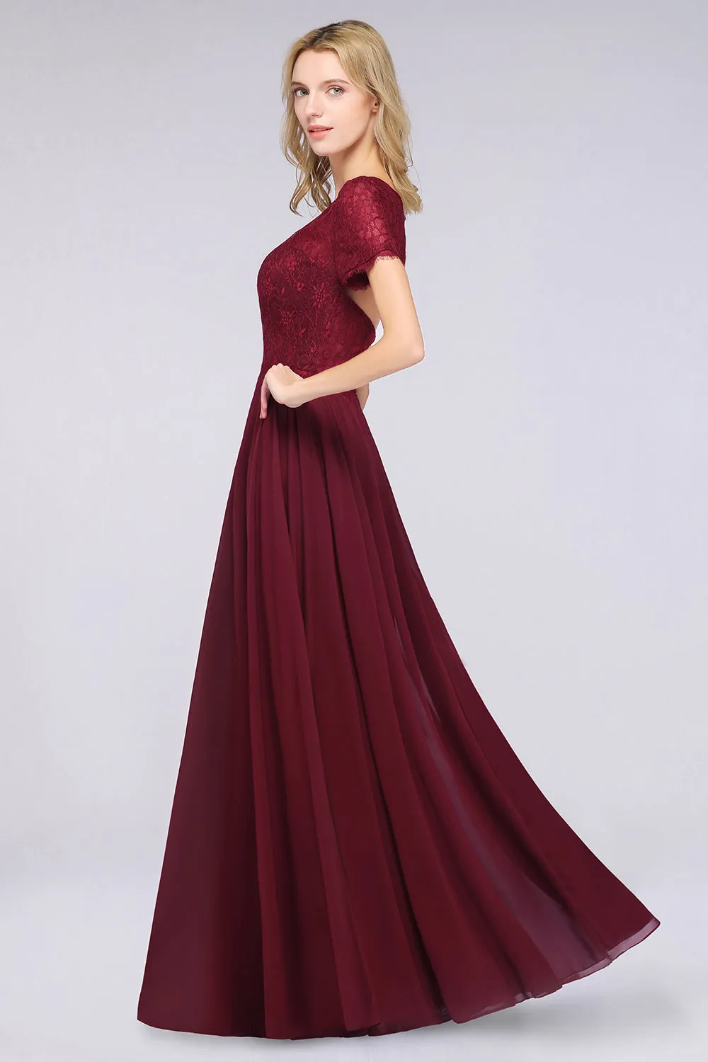 A-Line Chiffon Lace Round-Neck Long Bridesmaid Dress with Sleeves