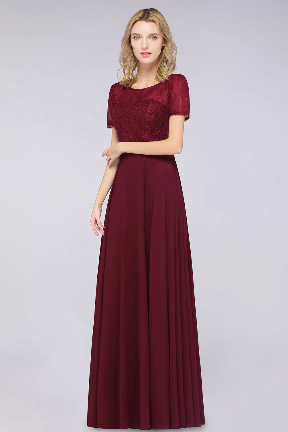 A-Line Chiffon Lace Round-Neck Long Bridesmaid Dress with Sleeves