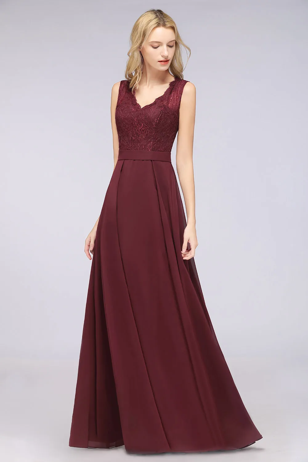 A-Line Chiffon Lace V-Neck Burgundy Long Bridesmaid Dress