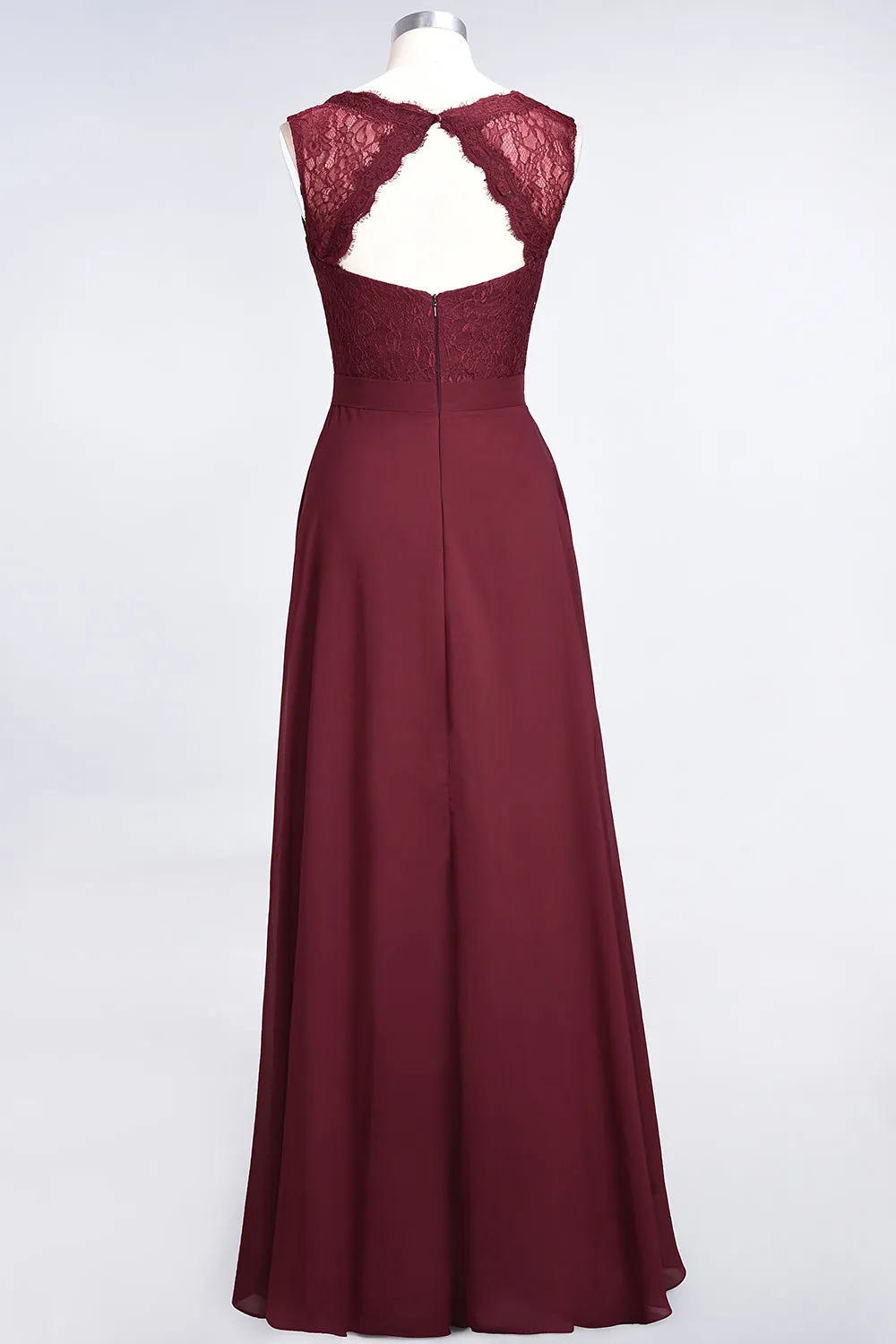 A-Line Chiffon Lace V-Neck Burgundy Long Bridesmaid Dress