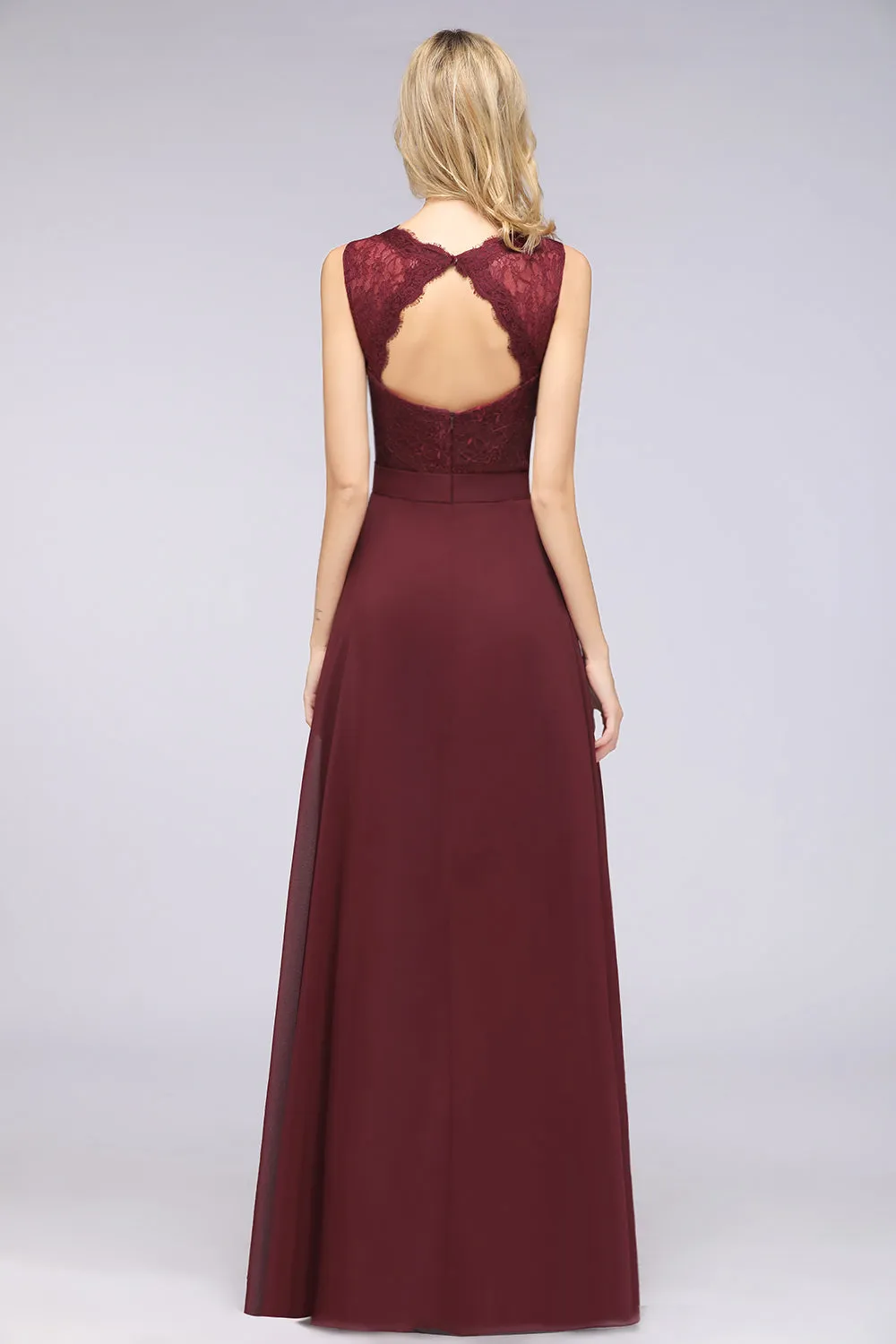 A-Line Chiffon Lace V-Neck Burgundy Long Bridesmaid Dress