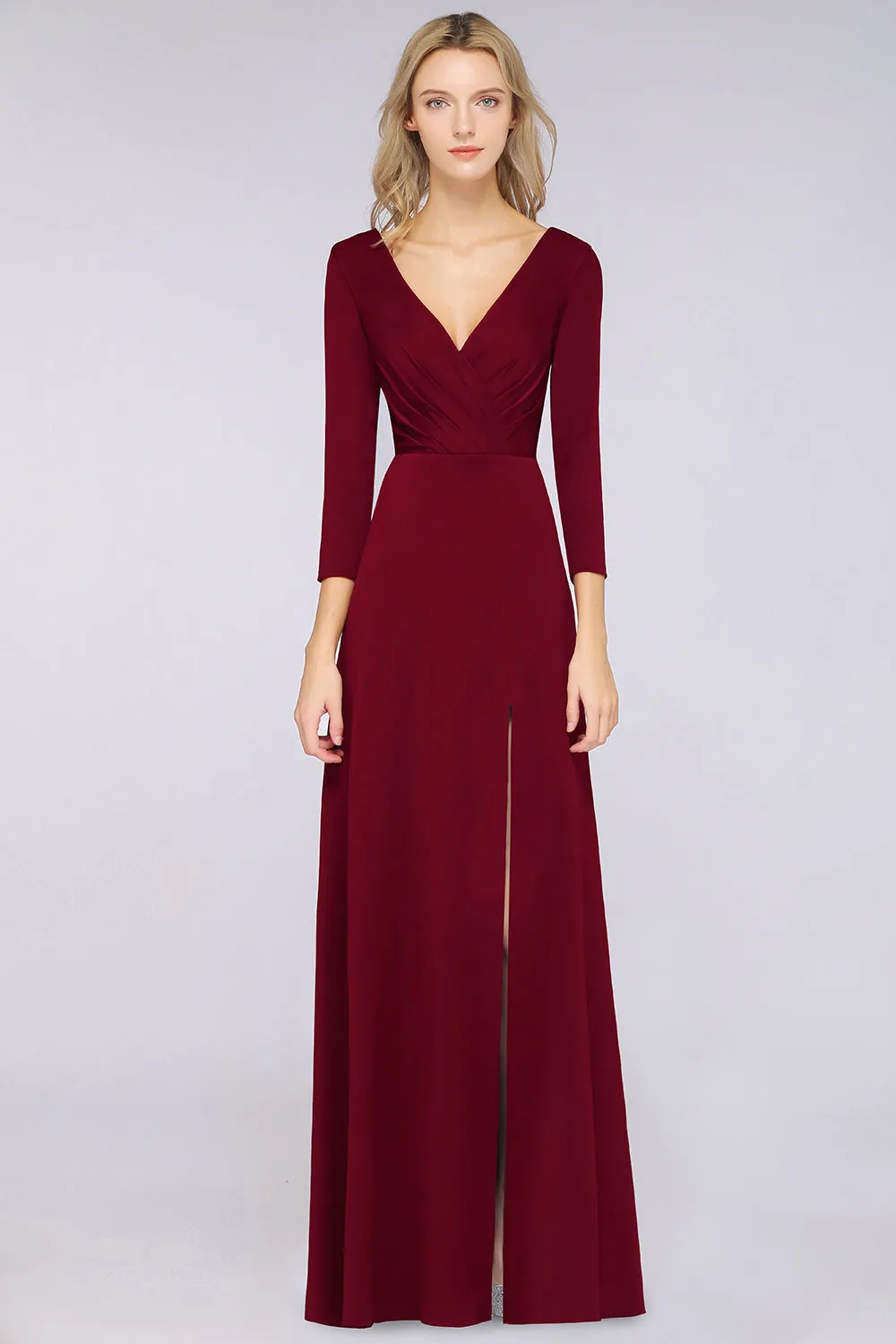 A-Line V-Neck Long Sleeves Bridesmaid Dress with Slit