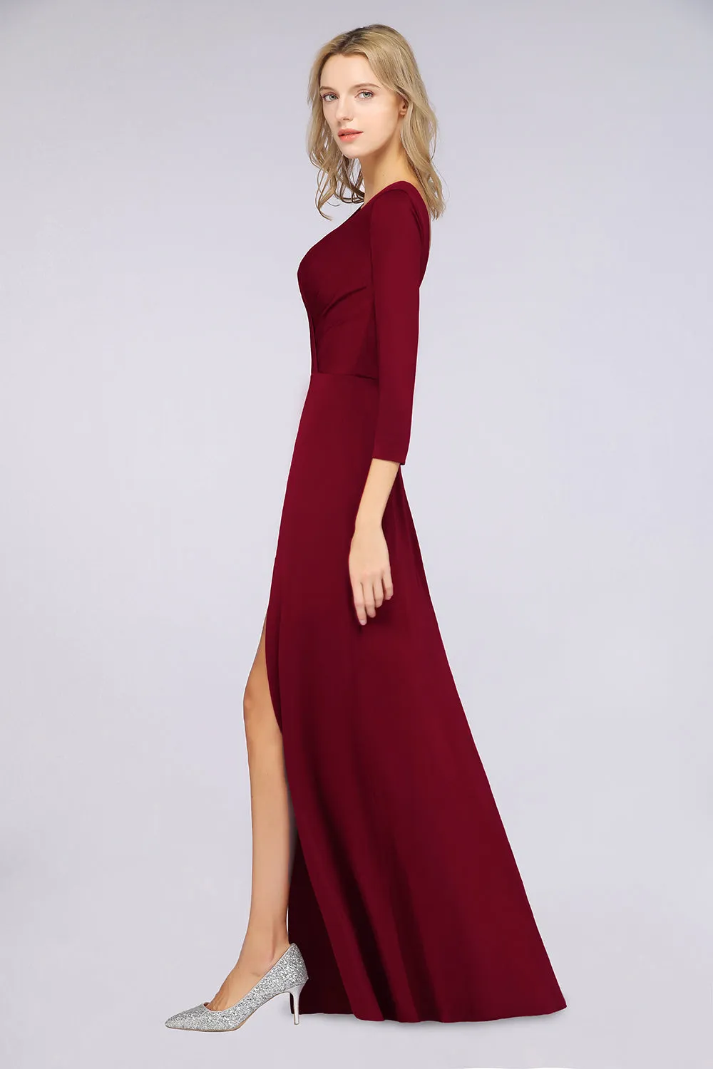 A-Line V-Neck Long Sleeves Bridesmaid Dress with Slit