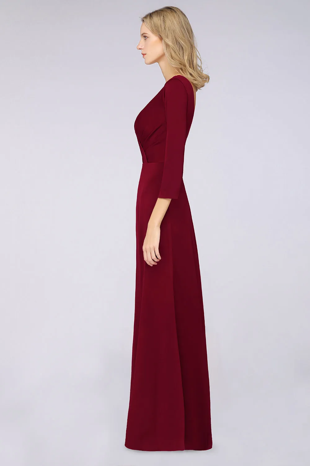 A-Line V-Neck Long Sleeves Bridesmaid Dress with Slit