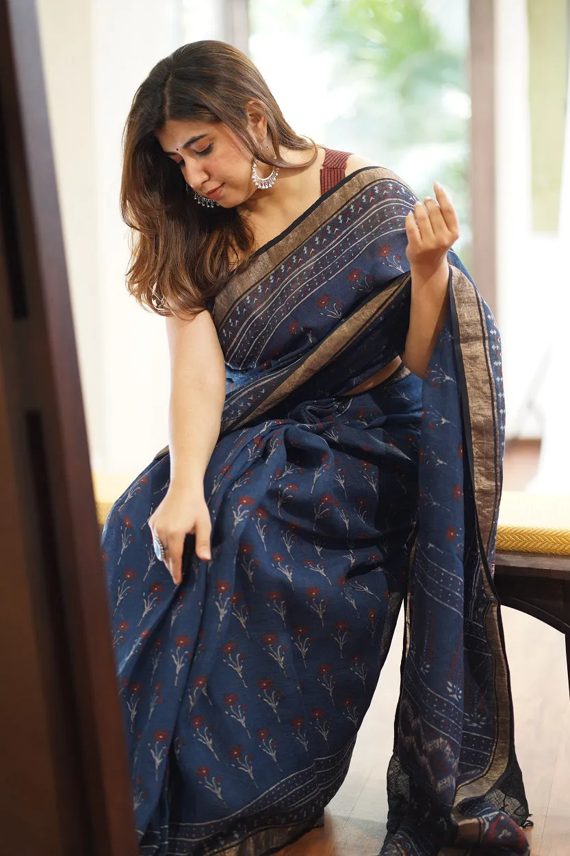 Ajrakh Hand Block Printed Linen Saree