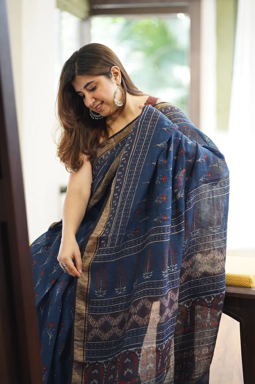 Ajrakh Hand Block Printed Linen Saree