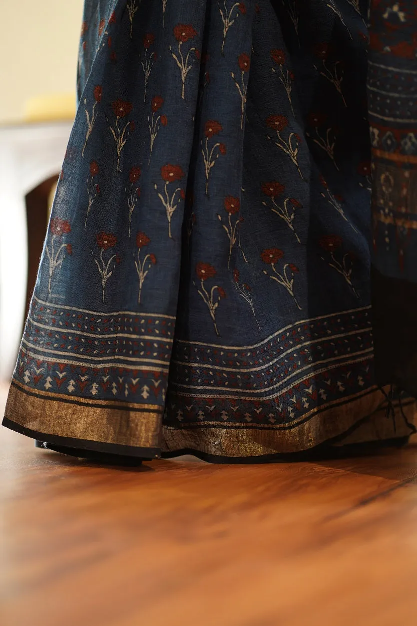 Ajrakh Hand Block Printed Linen Saree