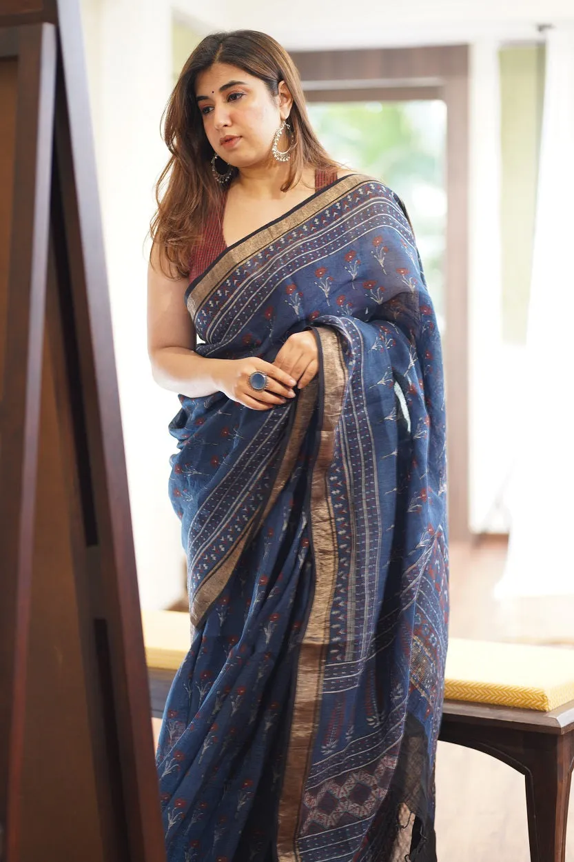 Ajrakh Hand Block Printed Linen Saree