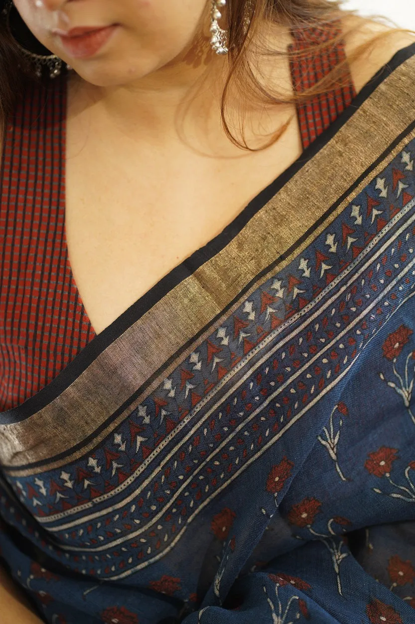 Ajrakh Hand Block Printed Linen Saree