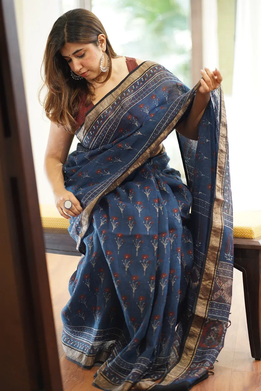 Ajrakh Hand Block Printed Linen Saree