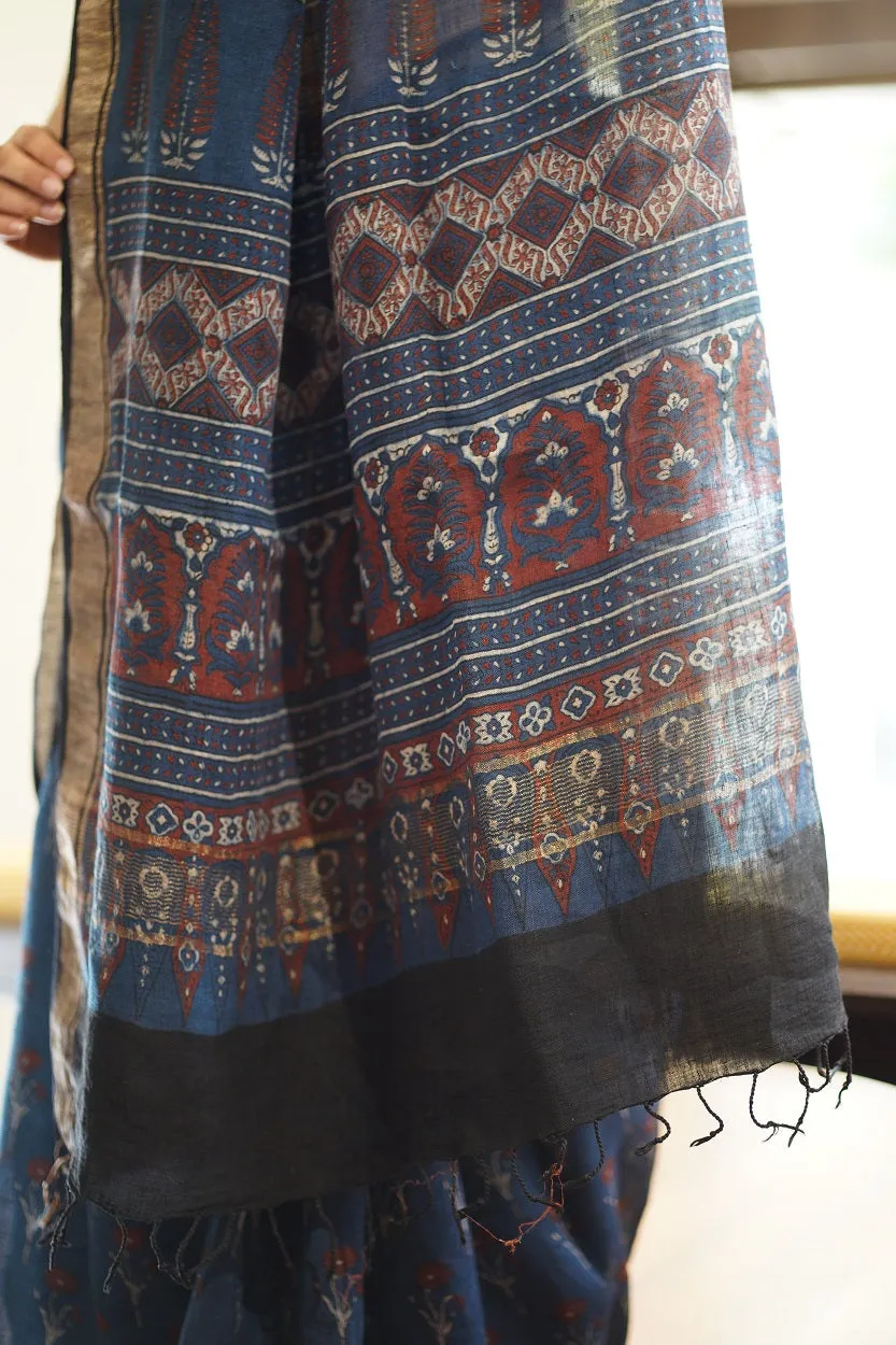 Ajrakh Hand Block Printed Linen Saree