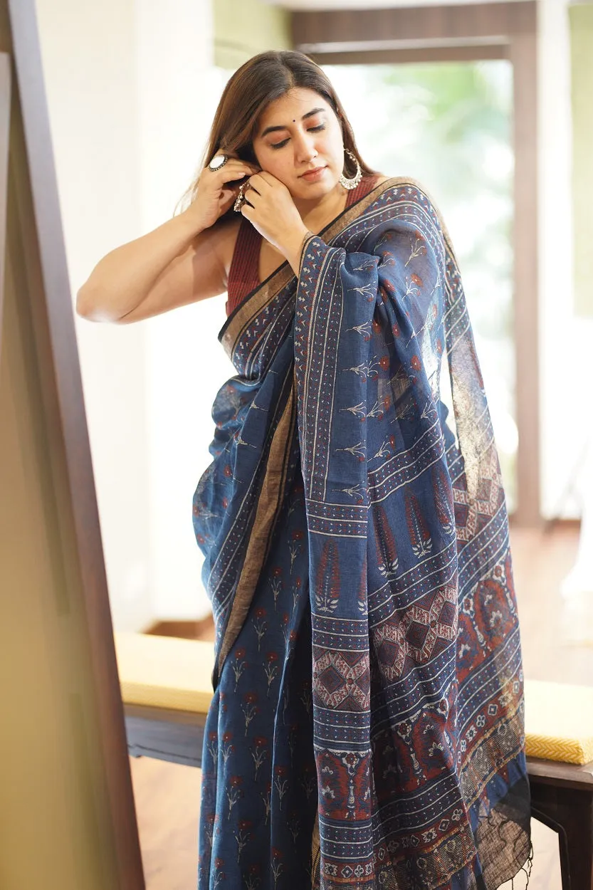 Ajrakh Hand Block Printed Linen Saree