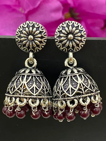 Appealing Oxidized Silver Jhumkhas With Maroon Bead Hangings For Women