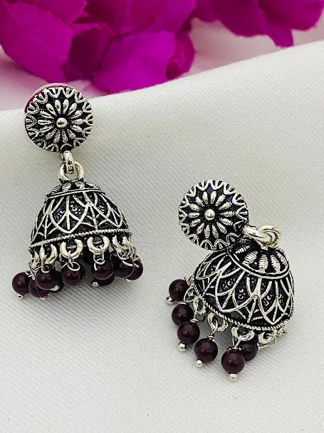 Appealing Oxidized Silver Jhumkhas With Maroon Bead Hangings For Women