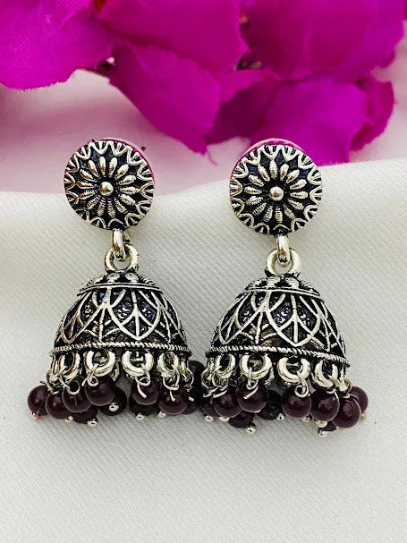 Appealing Oxidized Silver Jhumkhas With Maroon Bead Hangings For Women