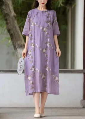 Art Purple Embroidered Button Linen Dress Summer MN078