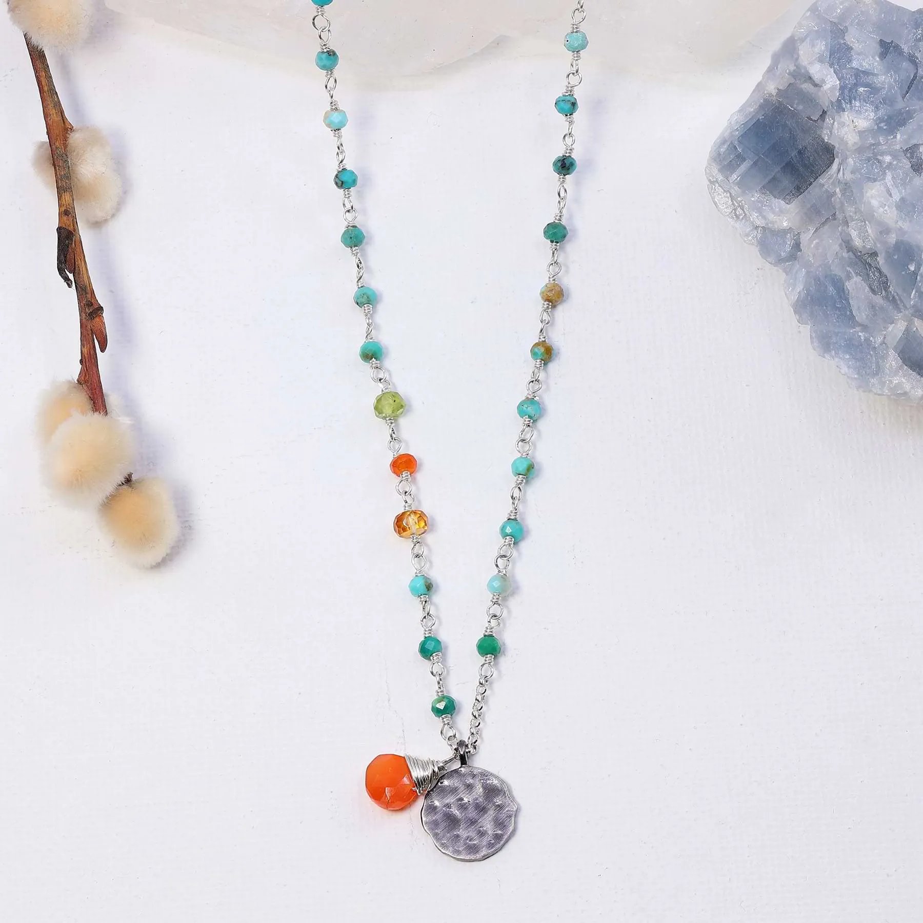 Autumn on the Beach - Turquoise Citrine and Carnelian Sterling Silver Necklace