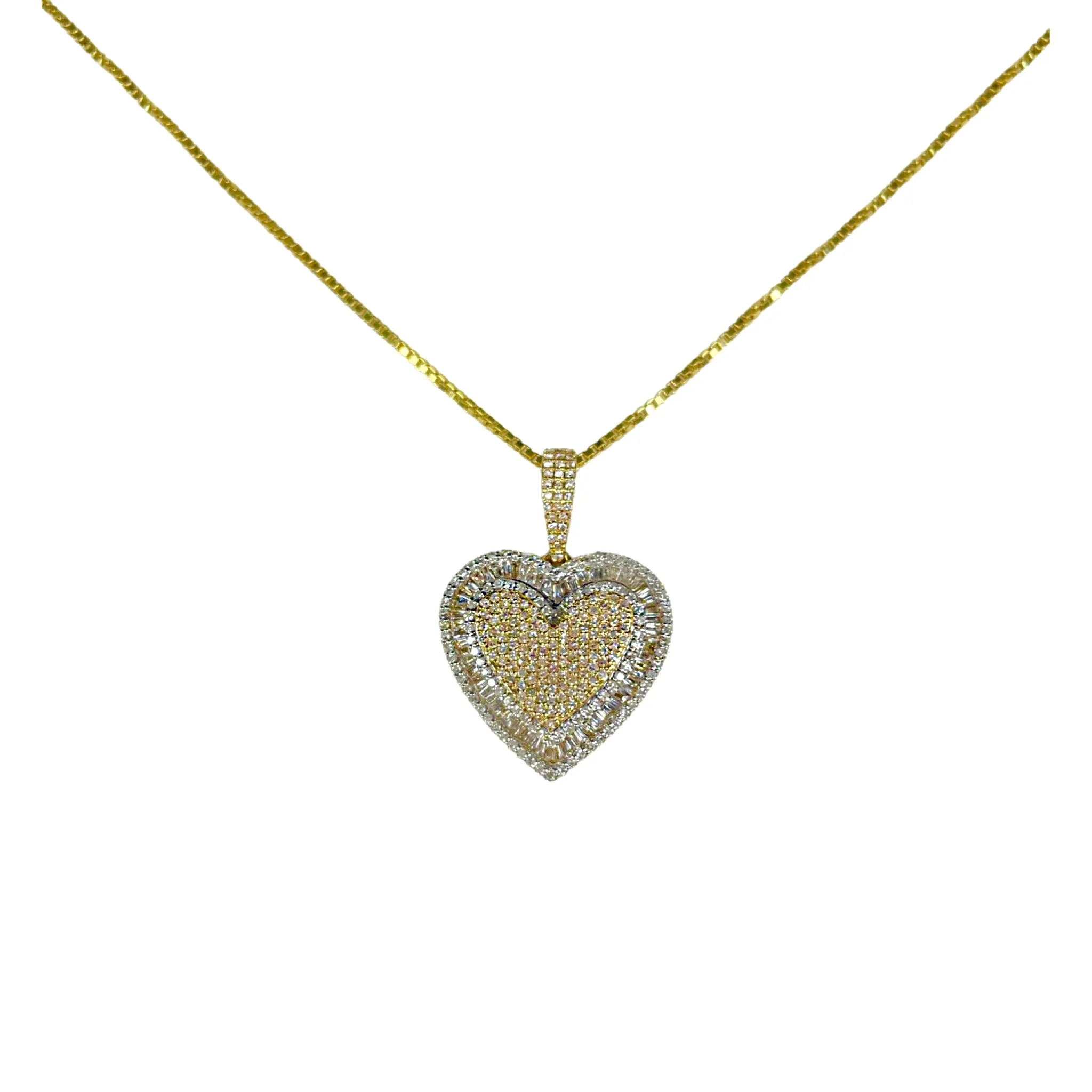 Baguette and Round Diamond 2 Tone Heart Pendant