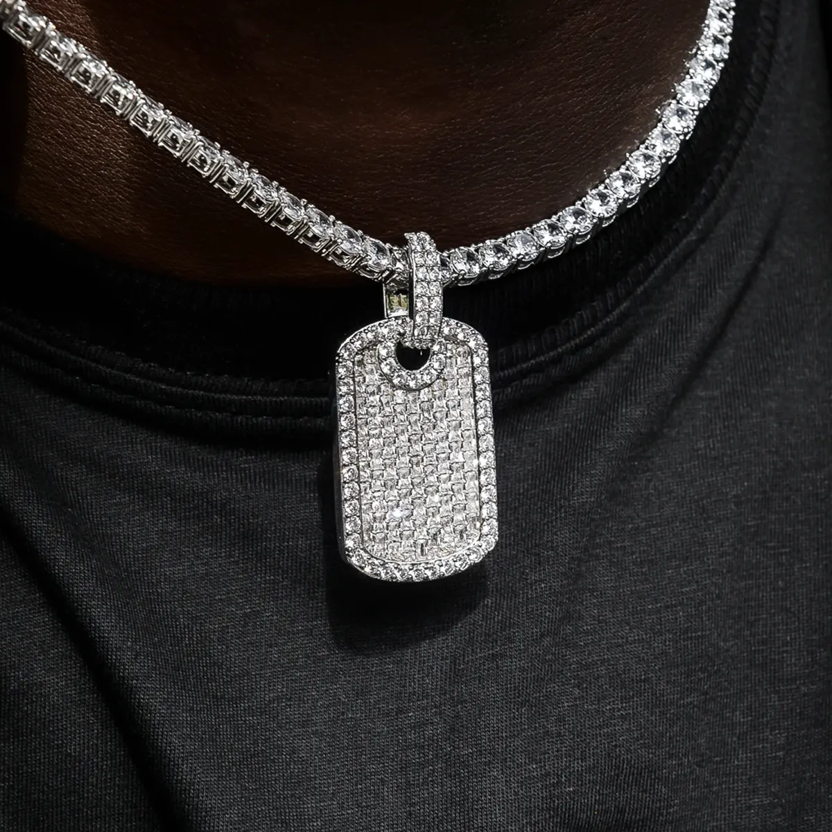 Baguette Dog Tag Pendant in White Gold