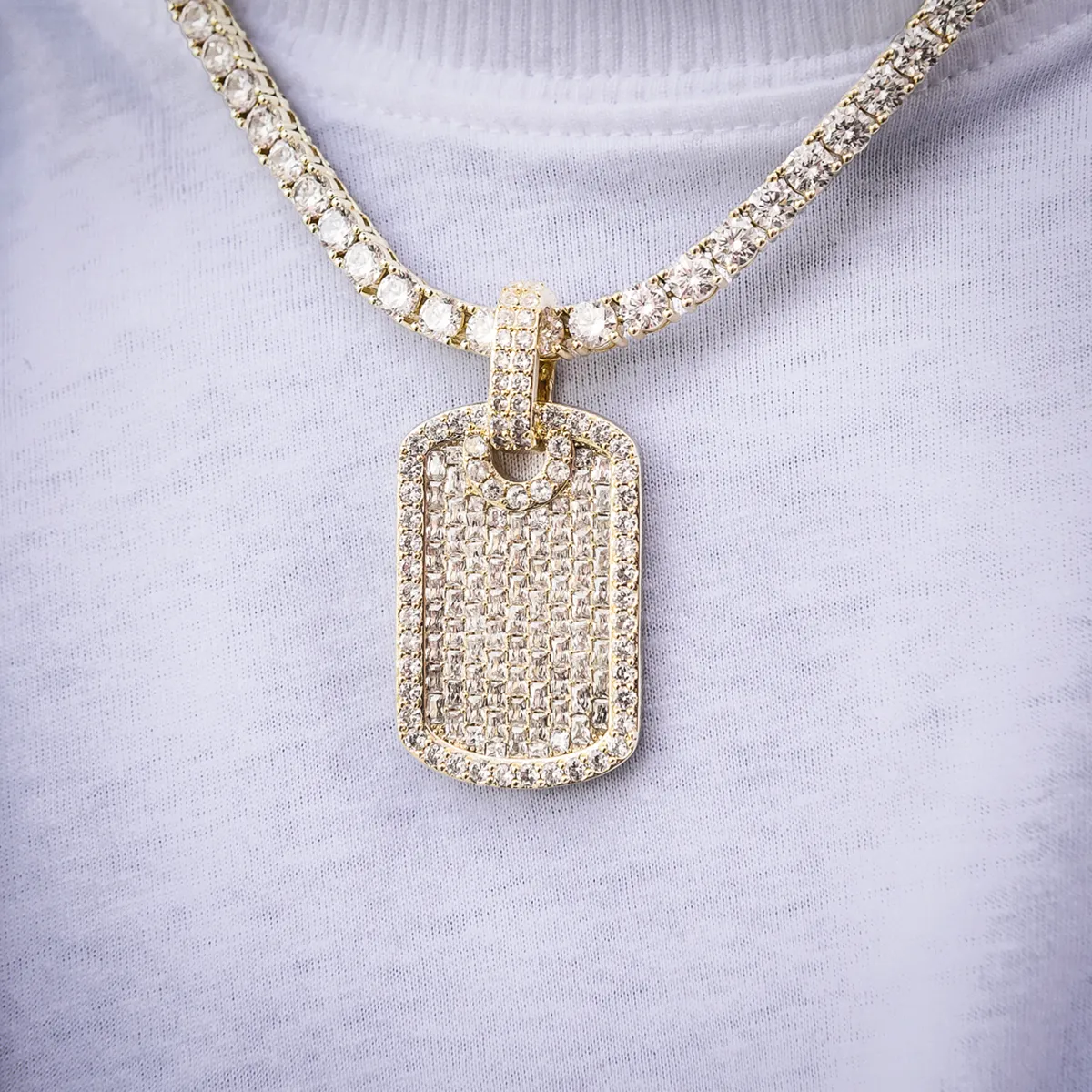 Baguette Dog Tag Pendant in Yellow Gold