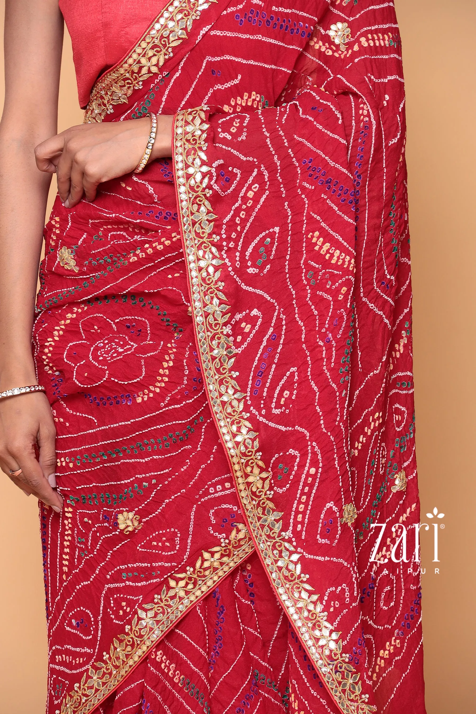 Bandhej Georgette Saree with Dori, Gota Patti, Pearl work.