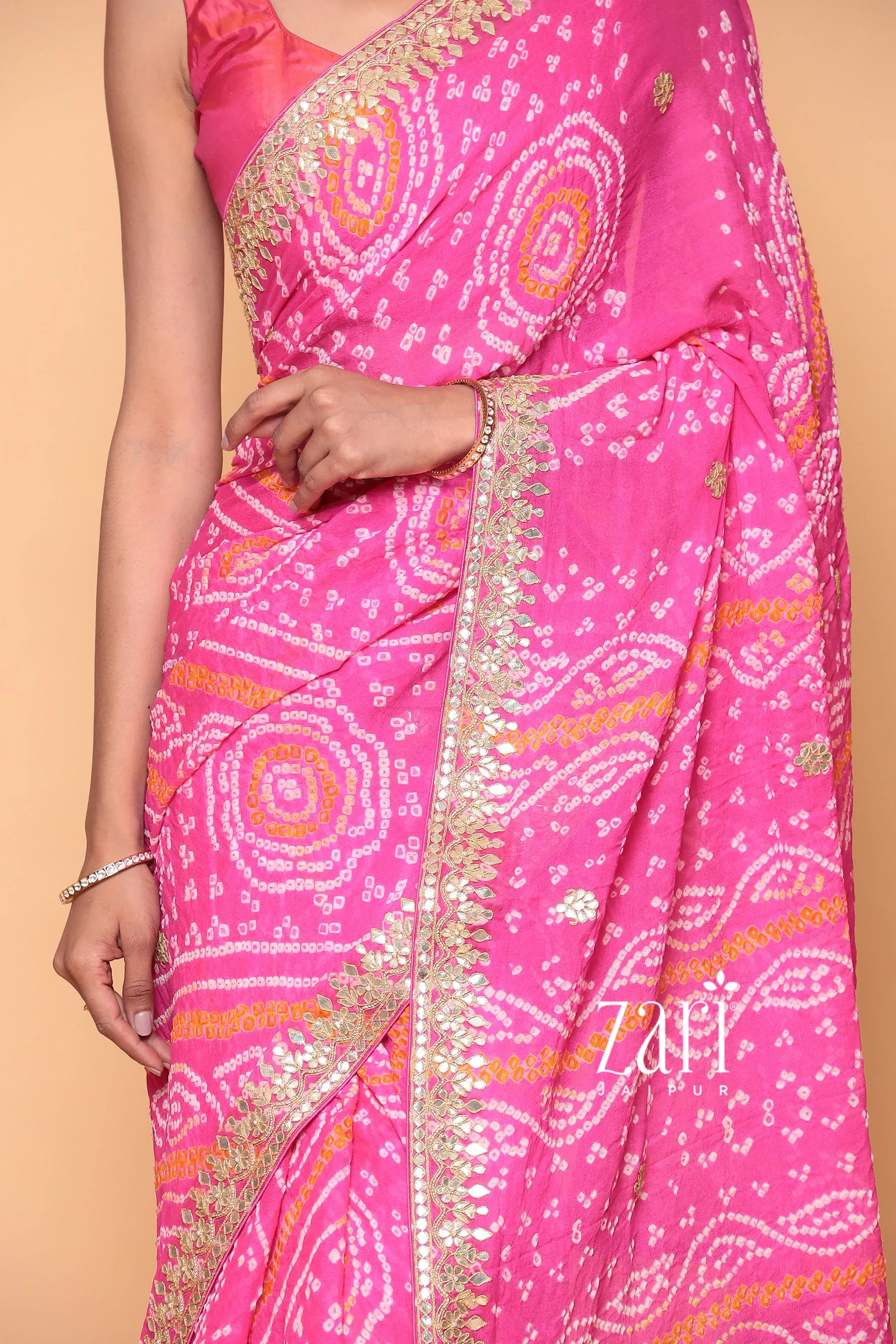 Bandhej Georgette Saree with Dori, Gota Patti, Pearl work.