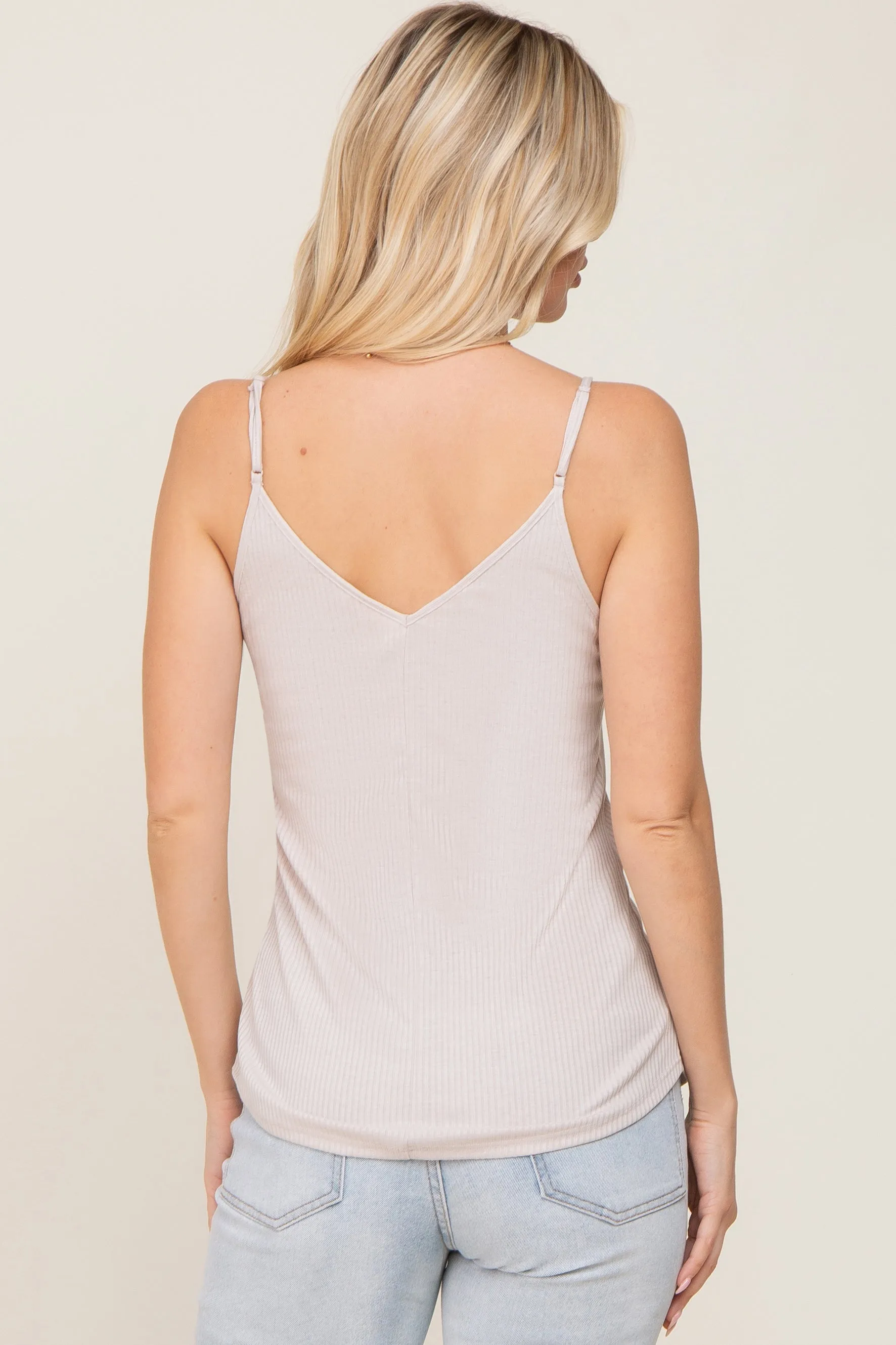 Beige Ribbed Snap Button Cami