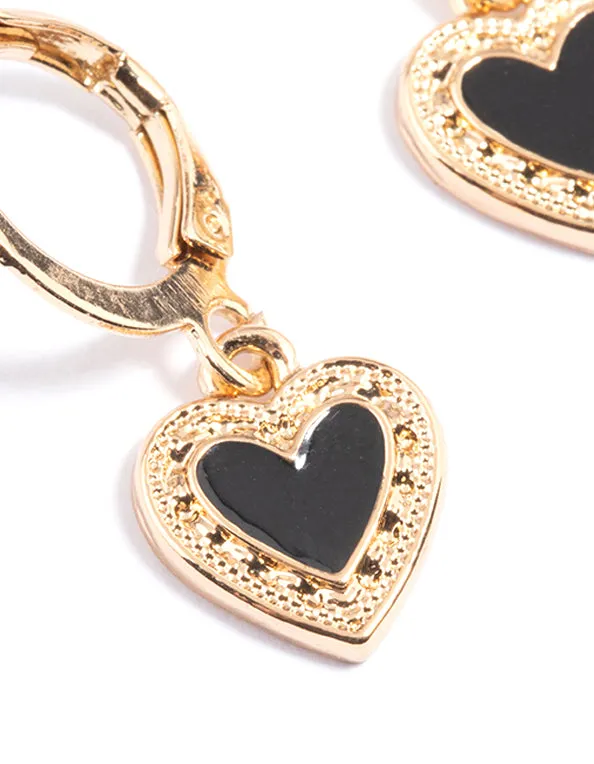 Black Enamel Heart Huggie Earrings