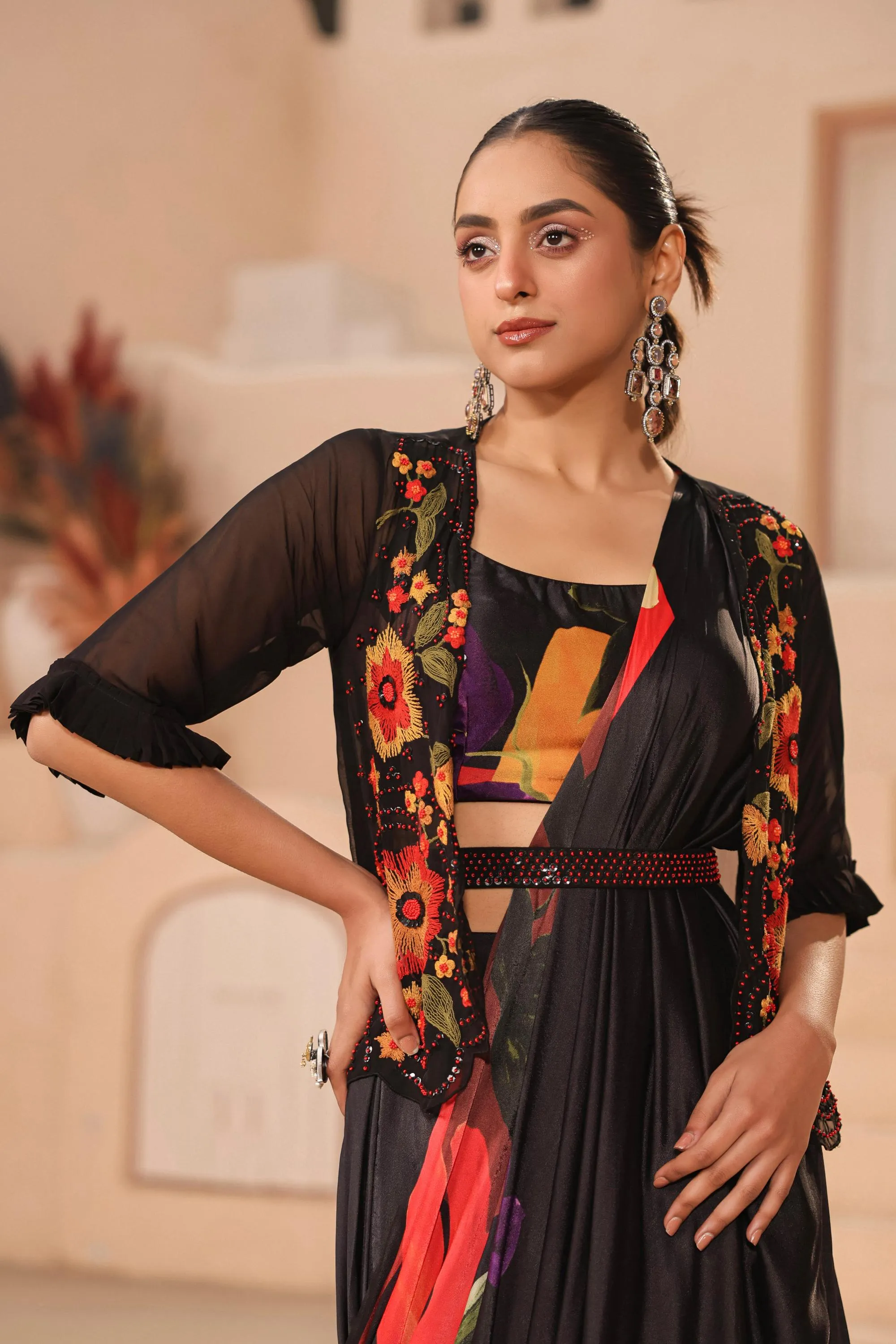 Black Floral Printed Satin Georgette Silk Drape Saree