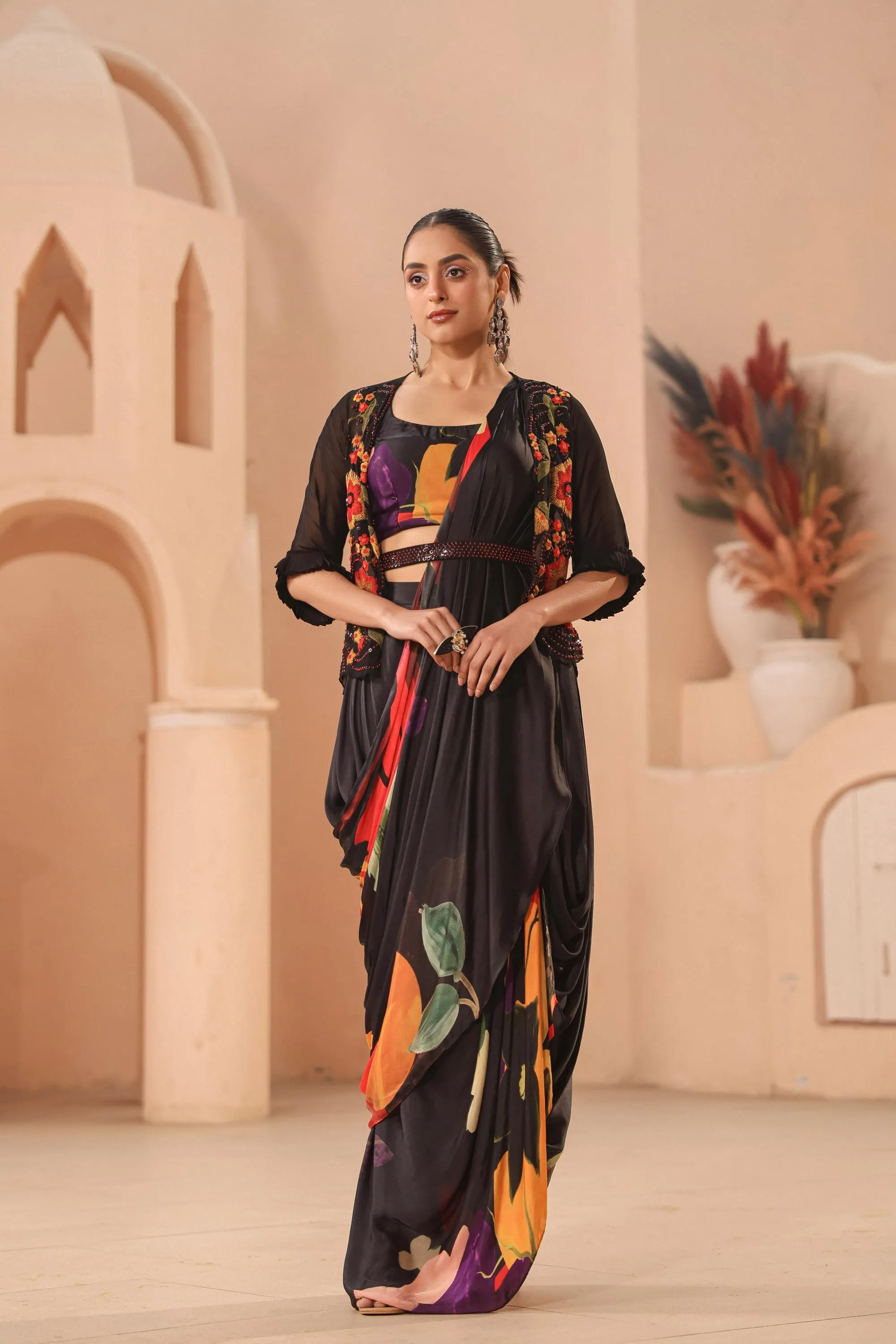 Black Floral Printed Satin Georgette Silk Drape Saree