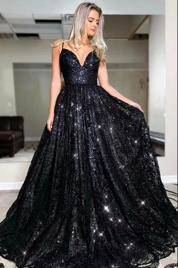 Black Long A-line Sweetheart Open Back Glitter Prom Dress