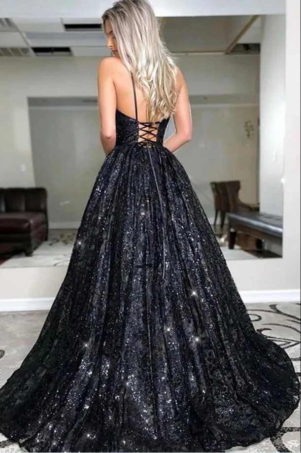 Black Long A-line Sweetheart Open Back Glitter Prom Dress