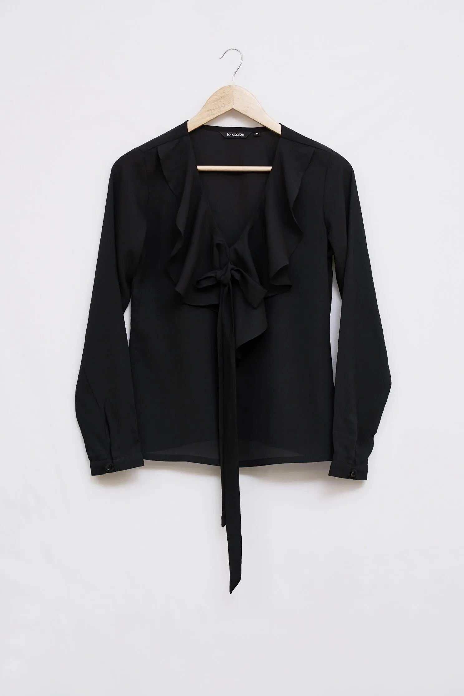 Black V Neck Ruffle Knot Top