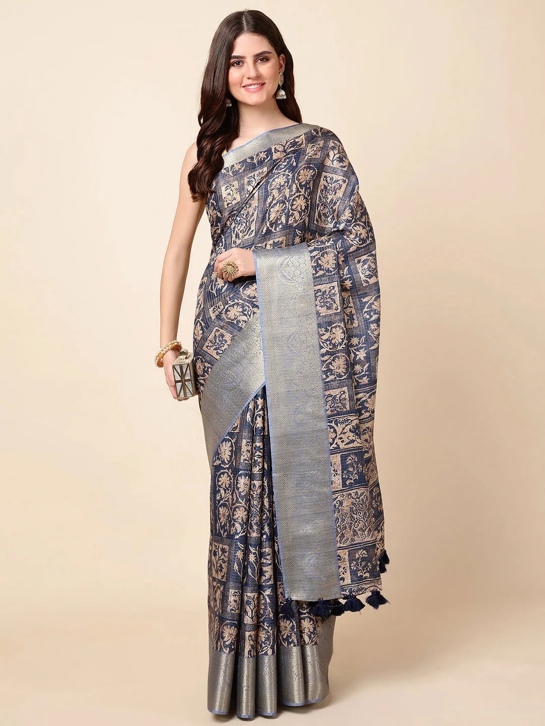 Block Printed Tussar Saree