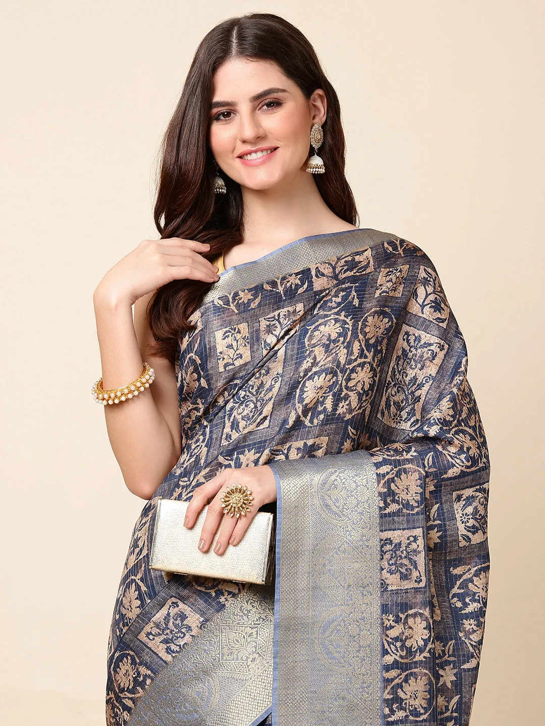 Block Printed Tussar Saree