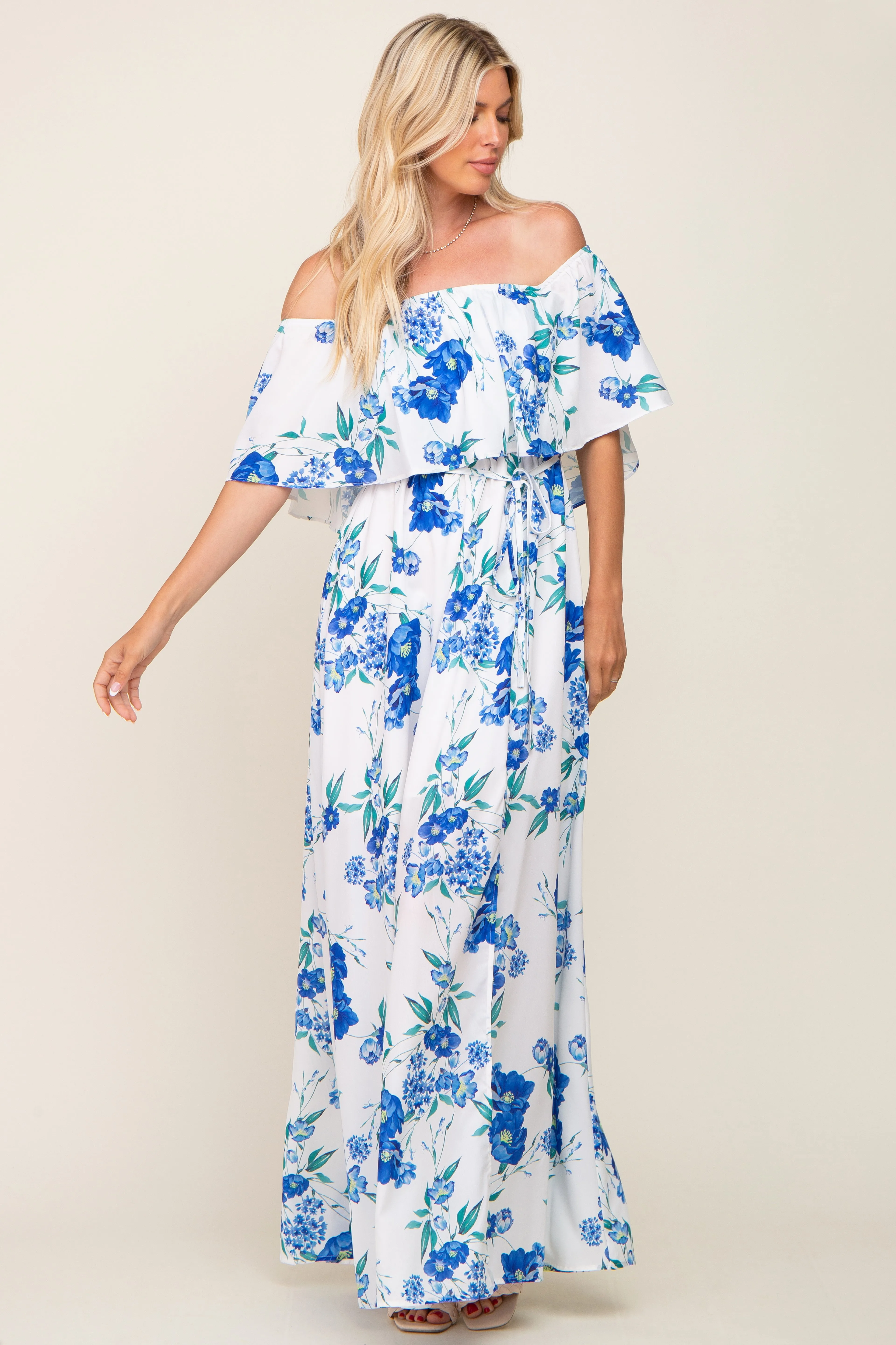 Blue Floral Overlay Off-Shoulder Side Slit Maxi Dress