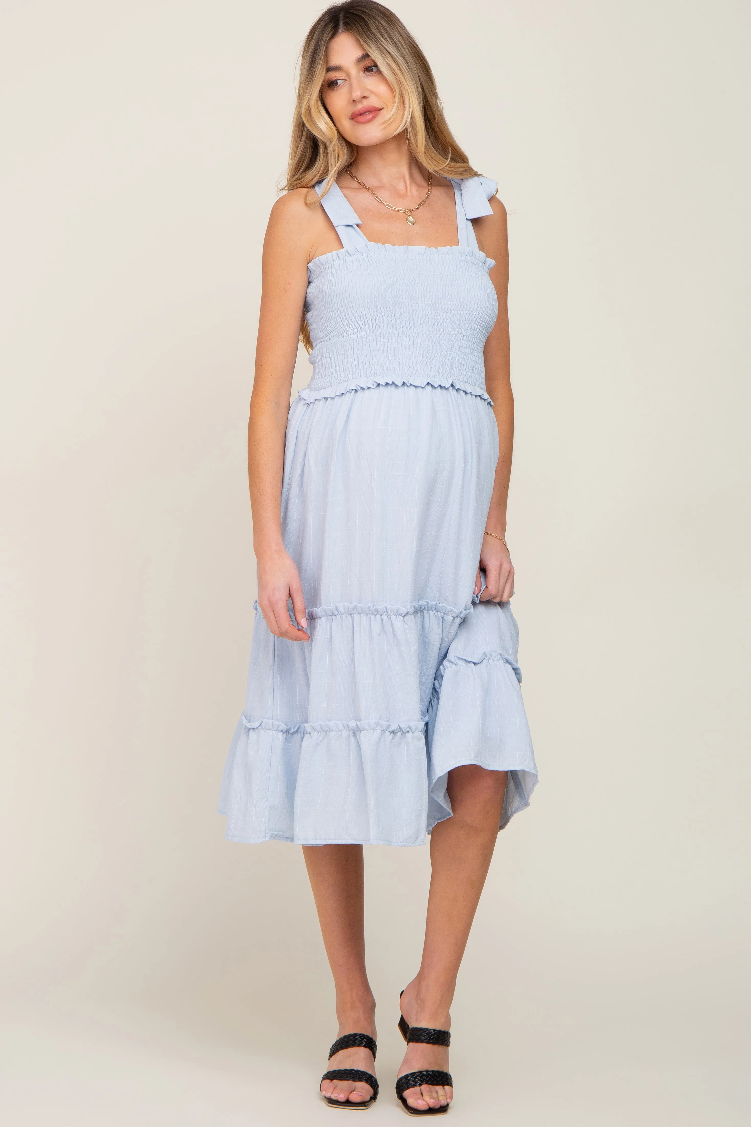 Blue Square Print Smocked Tie Strap Maternity Midi Dress