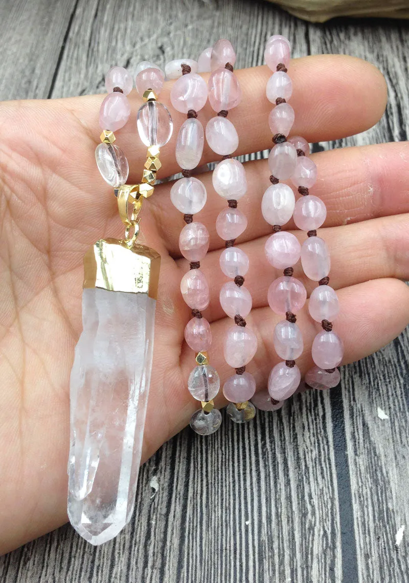 Blush Rose Quartz in Clear Point Pendant Necklace