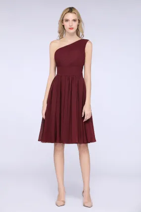 Burgundy A-Line Chiffon One Shoulder Short Bridesmaid Dress with Ruffles