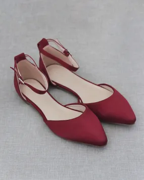 Burgundy Satin Pointy Toe Flats with Ankle Strap